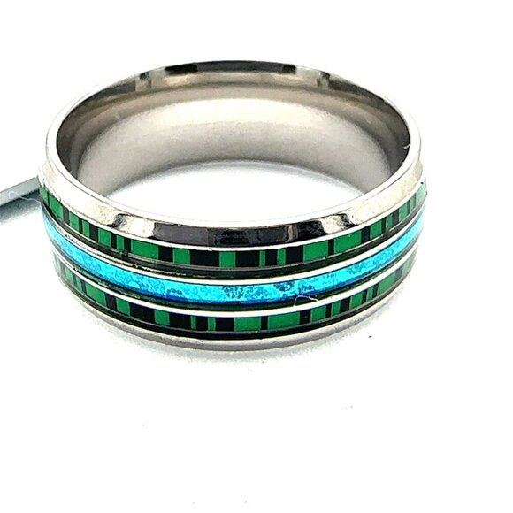 Stainless Steel Ring with Green and Blue Inlay - Picture 6 of 17